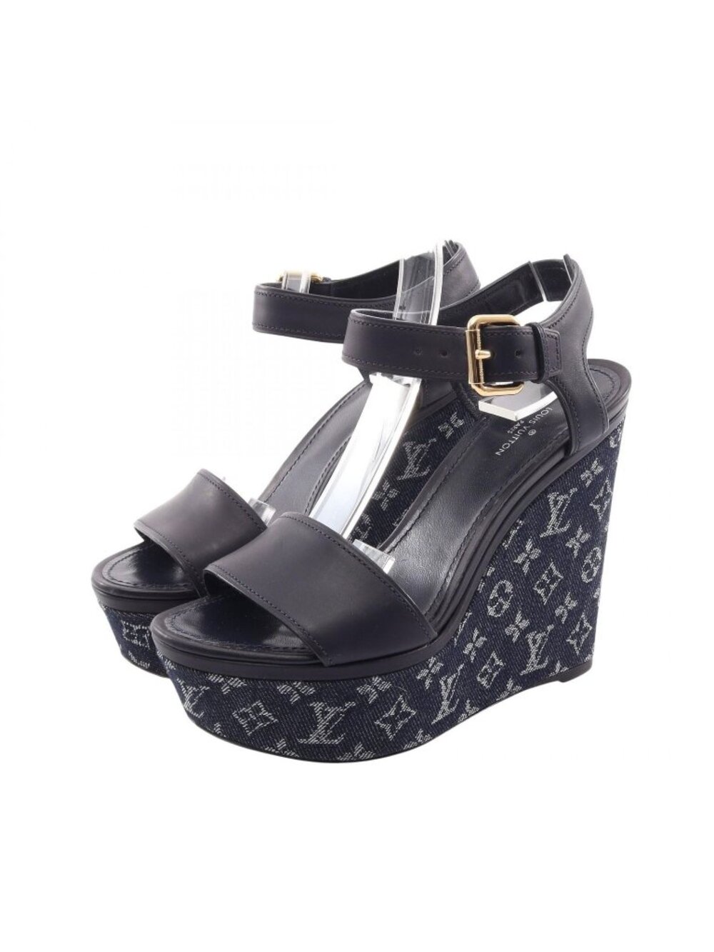 Louis Vuitton Sandals Monogram Wedge Sole Leather Denim